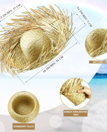 Tropikal Parti Naturel Hasır Hawaii Şapkası 13x36 cm