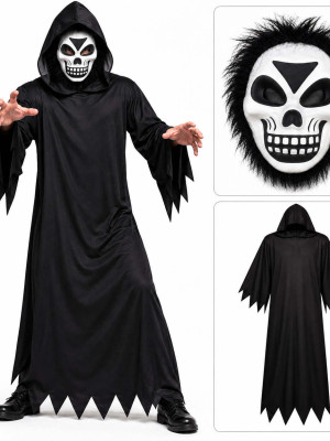 Tüylü Eva Kafatası Maskeli Siyah Hayalet Kostümü – 140 cm