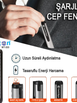 Type-C Girişli Miknatisli Şarjlı Cep Feneri Wt-333