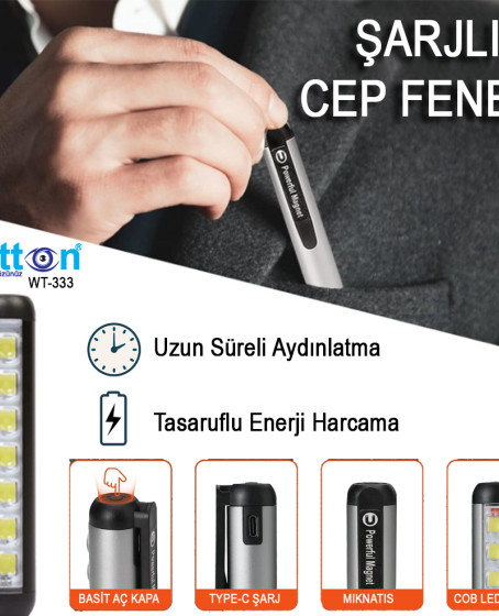 Type-C Girişli Miknatisli Şarjlı Cep Feneri Wt-333