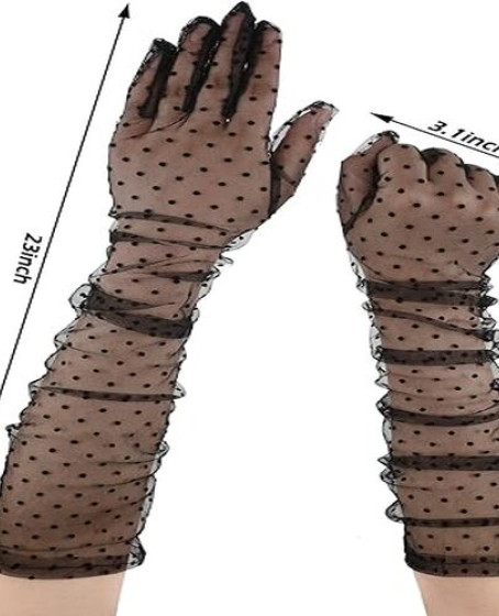 Uzun Boy Siyah Puantiyeli Siyah Renk Yetişkin Tül Eldiven 55 cm