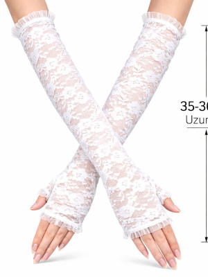 Uzun Zarif Dantel Eldiven Parmaksız Beyaz 35 cm