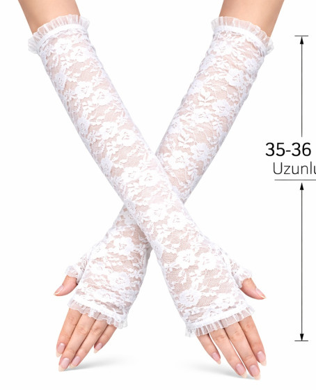 Uzun Zarif Dantel Eldiven Parmaksız Beyaz 35 cm