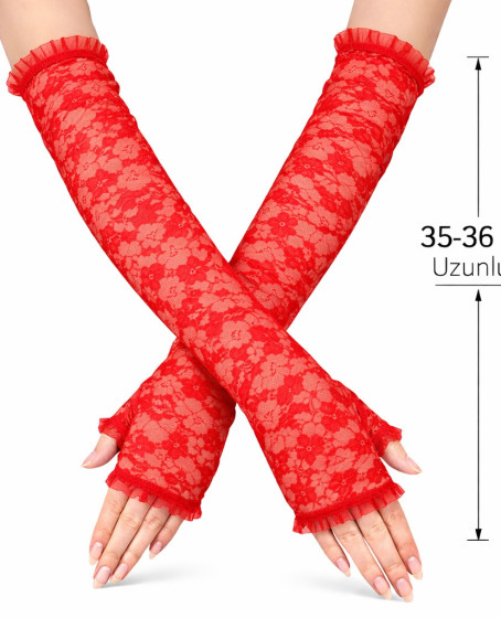 Uzun Zarif Dantel Eldiven Parmaksız Kırmızı 35 cm Uzun Zarif Dantel Eldiven Parmaksız Kırmızı 35 cm