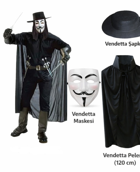 Vendetta Kostüm Seti – Şapka Maske Pelerin (120 cm) Vendetta Kostüm Seti – Şapka Maske Pelerin (120 cm)