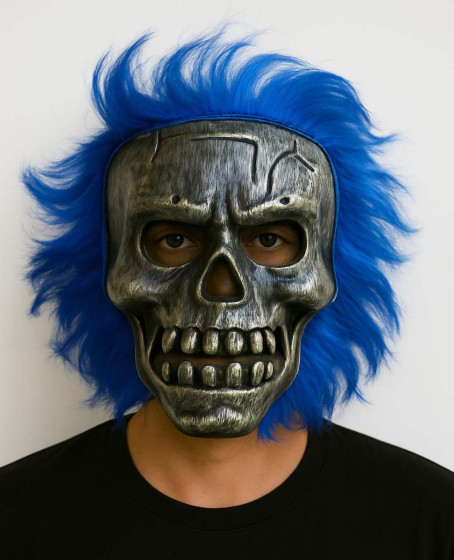 Wild Skull - Gümüş Kafatası Mavi Saçlı İskelet Maske