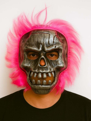 Wild Skull - Gümüş Kafatası Pembe Saçlı İskelet Maske Wild Skull - Gümüş Kafatası Pembe Saçlı İskelet Maske