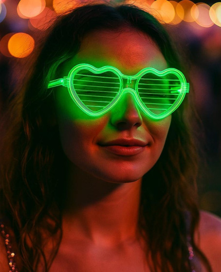 Yeşil LED Işıklı Kalp Gözlük – 3 Modlu Parti & Glow Gözlüğü