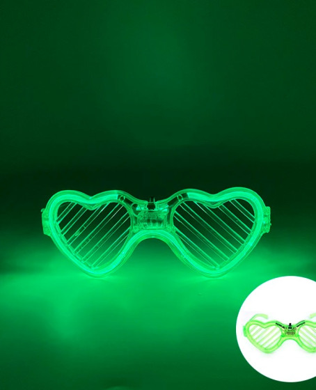 Yeşil LED Işıklı Kalp Gözlük – 3 Modlu Parti & Glow Gözlüğü