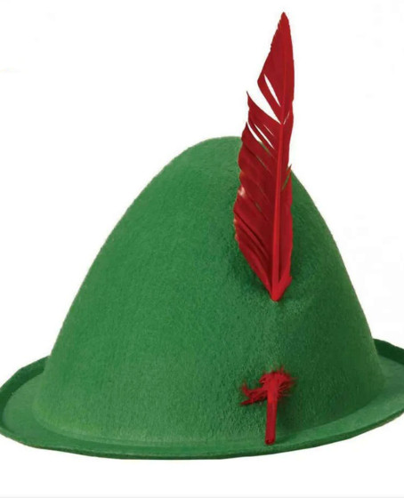 Yeşil Renk Kırmızı Tüylü Peter Pan Şapkası Robin Hood Şapkası 24X23 cm