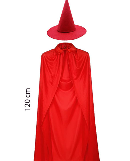 Yetişkin Boy 120 cm Kırmızı Yakalı Pelerin ve Kırmızı Cadı Şapkası