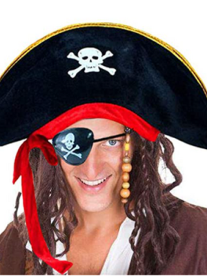 Yetişkin Boy Kadife Kaptan Jack Sparrow Korsan Şapkası ve Plastik Korsan Göz Maskesi