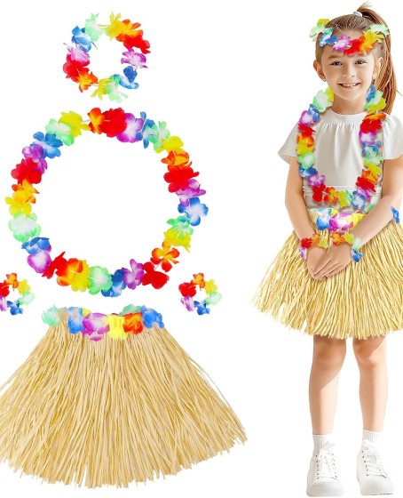 Yetişkin Çocuk Hawaii Parti Seti - 40 cm Naturel Etek + Çiçek Aksesuarlar (5 Parça)