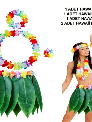 Yetişkin Hawaii Kostüm Seti - Yaprak Etek & Hawaii Set - 5 Parça