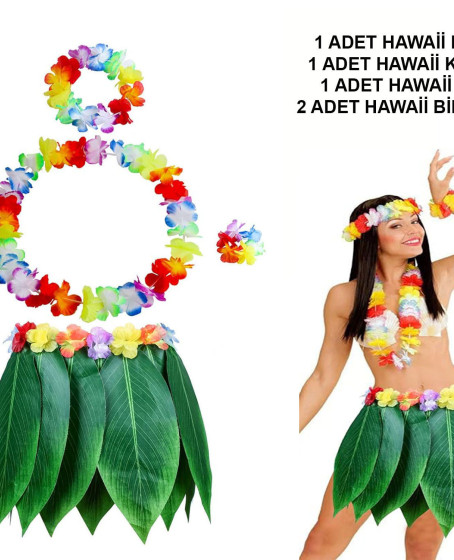 Yetişkin Hawaii Kostüm Seti - Yaprak Etek & Hawaii Set - 5 Parça