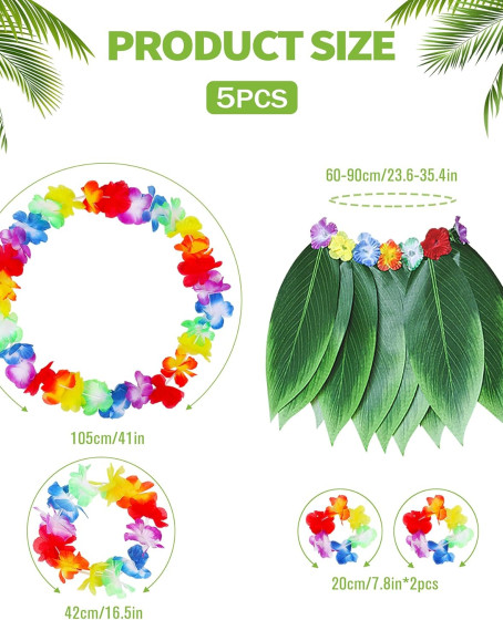 Yetişkin Hawaii Kostüm Seti - Yaprak Etek & Hawaii Set - 5 Parça