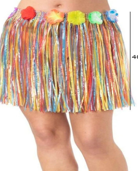 Yetişkin ve Çocuk Uyumlu Rengarenk Püsküllü Hawaii Luau Hula Etek 40 cm