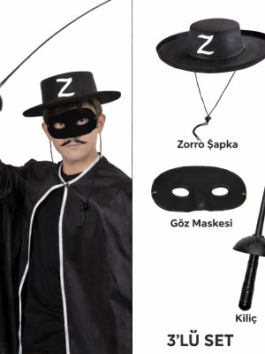 Zorro Kostüm Seti 3’lü Çocuk – Şapka, Maske ve Kılıç Zorro Kostüm Seti 3’lü Çocuk – Şapka, Maske ve Kılıç