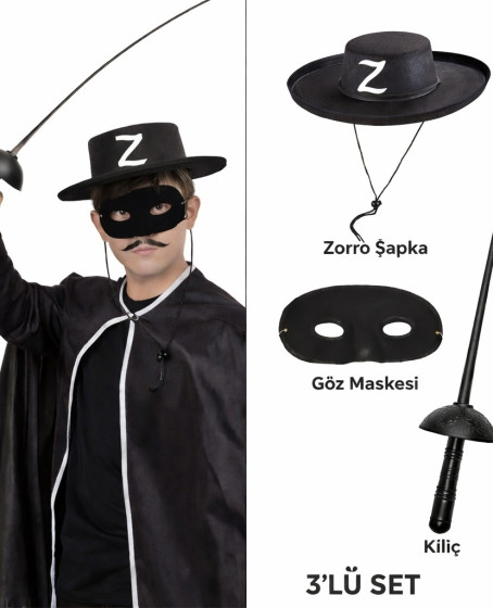 Zorro Kostüm Seti 3’lü Çocuk – Şapka, Maske ve Kılıç