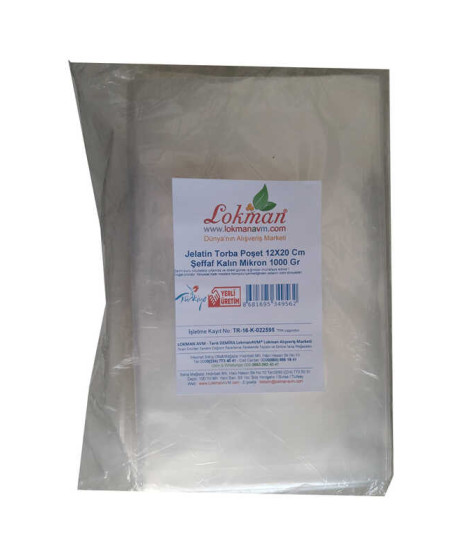 Jelatin Torba Poşet 12X20 Cm Şeffaf Kalın Mikron 1000 Gr 1 Paket