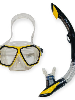 Tempered Camlı Premium Silikon Dalış Maskesi ve Snorkel Yetişkin - Sarı - 1 ADET