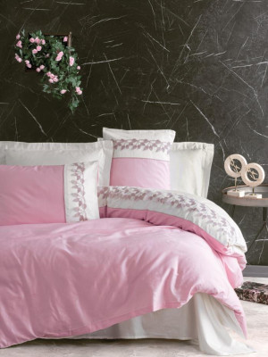Nakışlı Çift Kişilik Saten Nevresim Takımı Niobe Pembe