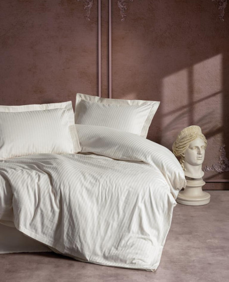 Çift Kişilik Saten Nevresim Takımı Elegante Stripe Ekru