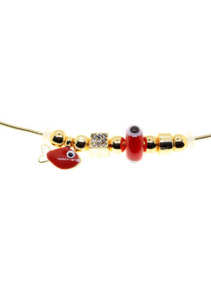 Altın Renk Kırmızı Mineli Balık Pandora Model Zirkon Kolye  - 2986