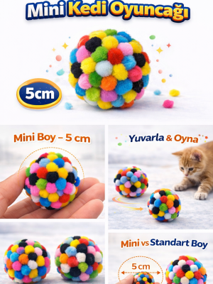 Mini Ponpon Kedi Oyuncak Topu 5 cm ( 2 Adet ) – Yumuşak Renkli Sessiz Kedi Oyun Topu