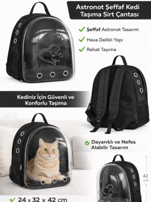 KP Kalpli Patili Astronot Şeffaf Taşıma Sırt Çantası Siyah 24x32x42 cm