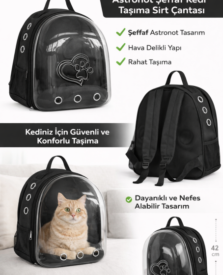 KP Kalpli Patili Astronot Şeffaf Taşıma Sırt Çantası Siyah 24x32x42 cm KP Kalpli Patili Astronot Şeffaf Taşıma Sırt Çantası Siyah 24x32x42 cm
