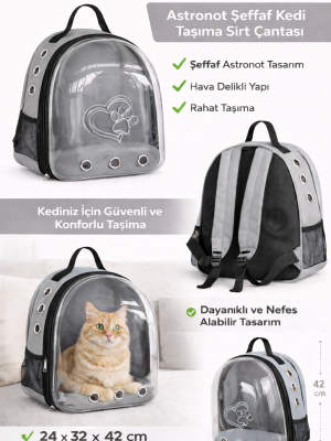 Kalpli Patili Astronot Şeffaf Taşıma Sırt Çantası Gri 24x32x42 cm