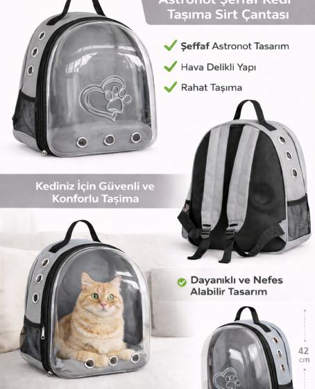 Kalpli Patili Astronot Şeffaf Taşıma Sırt Çantası Gri 24x32x42 cm Kalpli Patili Astronot Şeffaf Taşıma Sırt Çantası Gri 24x32x42 cm