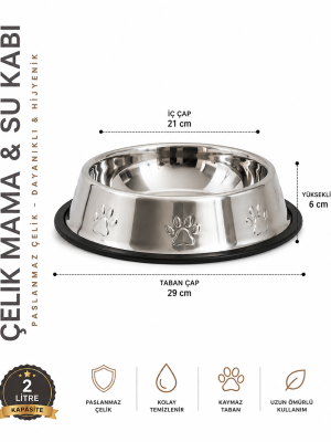 Köpekler İçin Pati Desenli Çelik Mama Su Kabı 30 Cm - 64 Oz - 2 LT