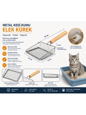 Metal Kedi Kumu Elek Kürek Ahşap Saplı Paslanmaz Kum Küreği 26 cm