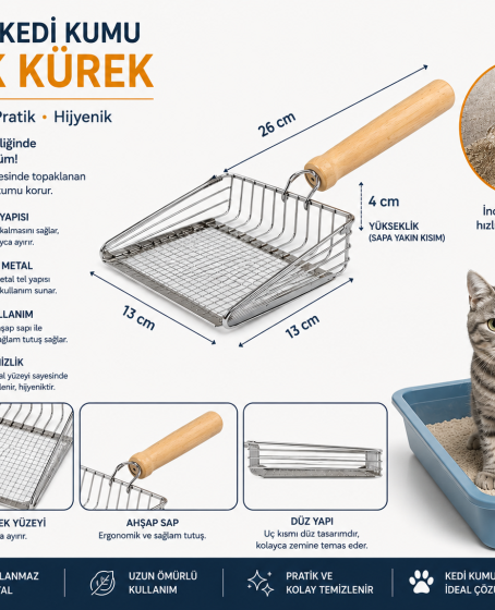 Metal Kedi Kumu Elek Kürek Ahşap Saplı Paslanmaz Kum Küreği 26 cm Metal Kedi Kumu Elek Kürek Ahşap Saplı Paslanmaz Kum Küreği 26 cm