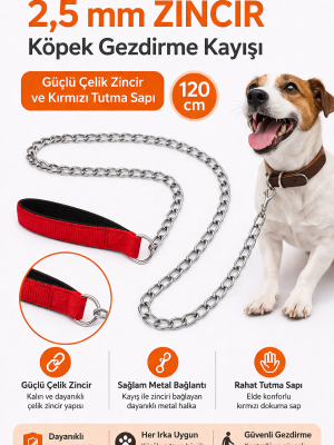 Zincir Köpek Gezdirme Kayışı Dayanıklı Çelik & Ergonomik Tutma Saplı 2,5 mm-120 cm Kırmızı