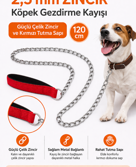 Zincir Köpek Gezdirme Kayışı Dayanıklı Çelik & Ergonomik Tutma Saplı 2,5 mm-120 cm Kırmızı