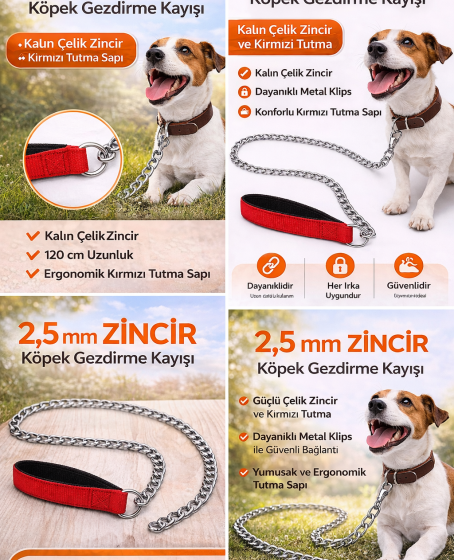 Zincir Köpek Gezdirme Kayışı Dayanıklı Çelik & Ergonomik Tutma Saplı 2,5 mm-120 cm Kırmızı