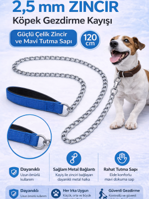 Zincir Köpek Gezdirme Kayışı Dayanıklı Çelik & Ergonomik Tutma Saplı 2,5 mm-120 cm Mavi