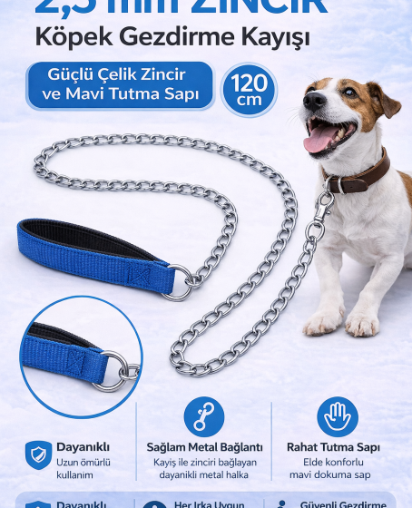 Zincir Köpek Gezdirme Kayışı Dayanıklı Çelik & Ergonomik Tutma Saplı 2,5 mm-120 cm Mavi