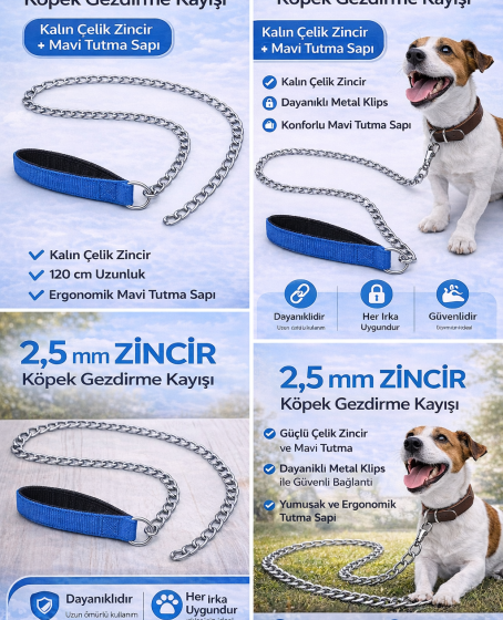 Zincir Köpek Gezdirme Kayışı Dayanıklı Çelik & Ergonomik Tutma Saplı 2,5 mm-120 cm Mavi