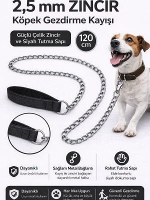 Zincir Köpek Gezdirme Kayışı Dayanıklı Çelik & Ergonomik Tutma Saplı 2,5 mm-120 cm Siyah