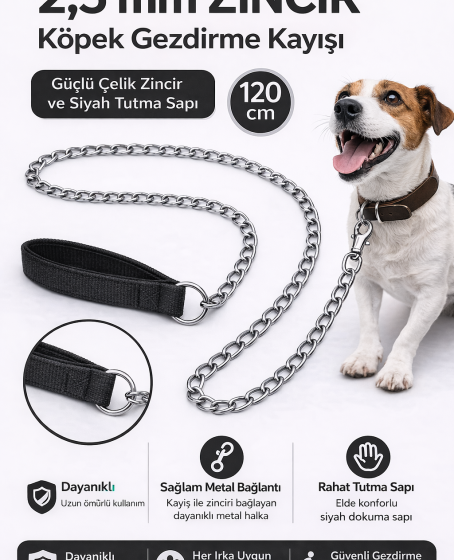 Zincir Köpek Gezdirme Kayışı Dayanıklı Çelik & Ergonomik Tutma Saplı 2,5 mm-120 cm Siyah