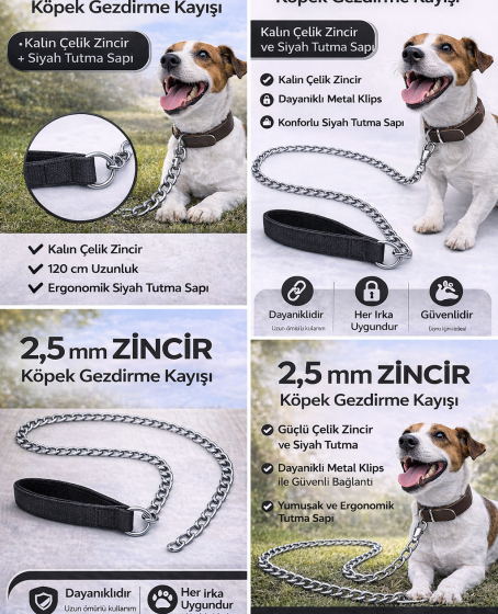 Zincir Köpek Gezdirme Kayışı Dayanıklı Çelik & Ergonomik Tutma Saplı 2,5 mm-120 cm Siyah