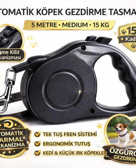 Karamel Otomatik  Köpek Gezdirme Tasması Medium 5 Metre 15 kg Siyah
