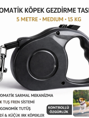 Karamel Otomatik  Köpek Gezdirme Tasması Medium 5 Metre 15 kg Siyah