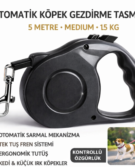Karamel Otomatik  Köpek Gezdirme Tasması Medium 5 Metre 15 kg Siyah