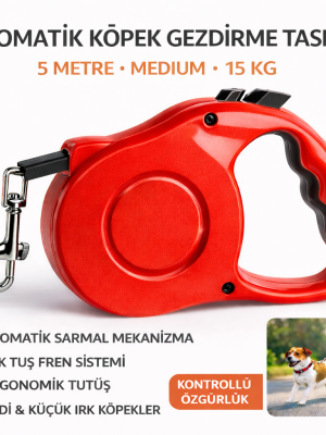 Karamel Otomatik  Köpek Gezdirme Tasması Medium 5 Metre 15 kg Kırmızı