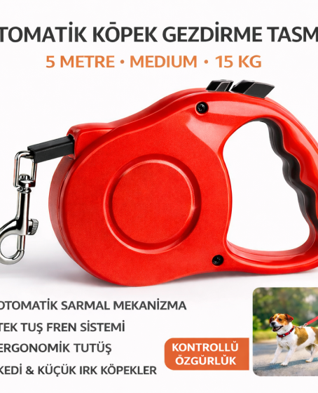 Karamel Otomatik  Köpek Gezdirme Tasması Medium 5 Metre 15 kg Kırmızı